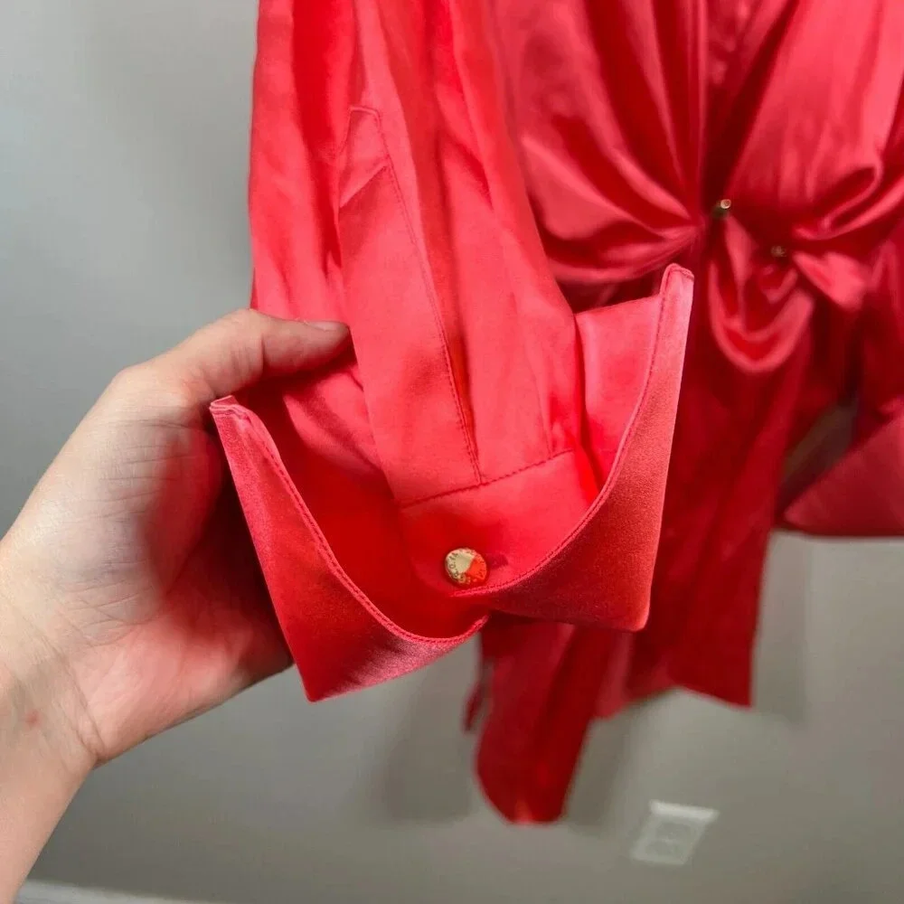 SER.O.YA Demi Silk Dress Size Medium Neon Coral Pink Shirt Dress Wrap Party